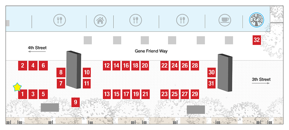 Two-dimensional graphic map of Gene Friend Way at UCSF Mission Bay. Information includes numbered boxes that represent tents for each Resource Fair department. The fair will be located between Third and Fourth Street where tents are arranged in two rows where participants can walk down a central walkway.