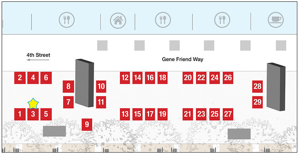 A map of Gene Friend Way between Third and Fourth Street at UCSF Mission Bay, displaying red numbered boxes that represent tents for each Resource Fair department arranged in two rows where participants can walk down a central walkway.
